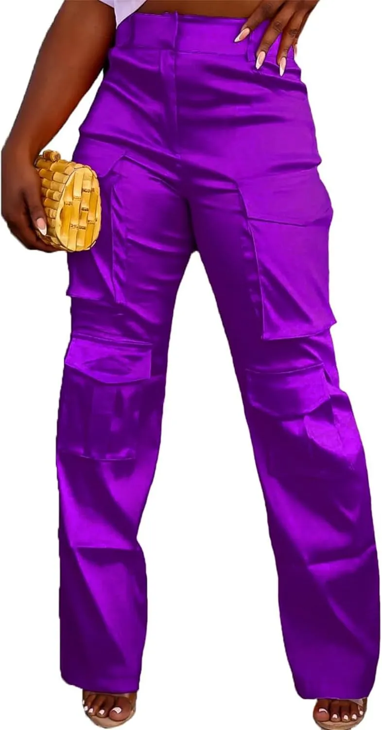 Women's Baggy Cargo Satin Pants Y2K High Waisted Wide Leg Casual Pants Straight Streetwear Trousers with Multi Pockets