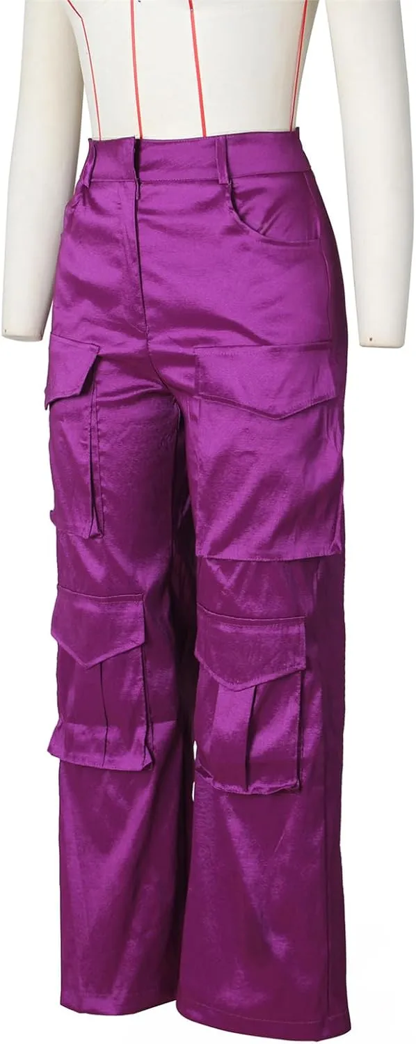 Women's Baggy Cargo Satin Pants Y2K High Waisted Wide Leg Casual Pants Straight Streetwear Trousers with Multi Pockets