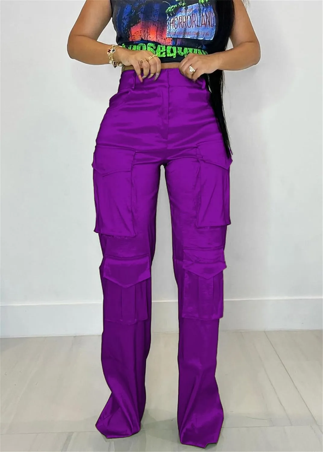 Women's Baggy Cargo Satin Pants Y2K High Waisted Wide Leg Casual Pants Straight Streetwear Trousers with Multi Pockets