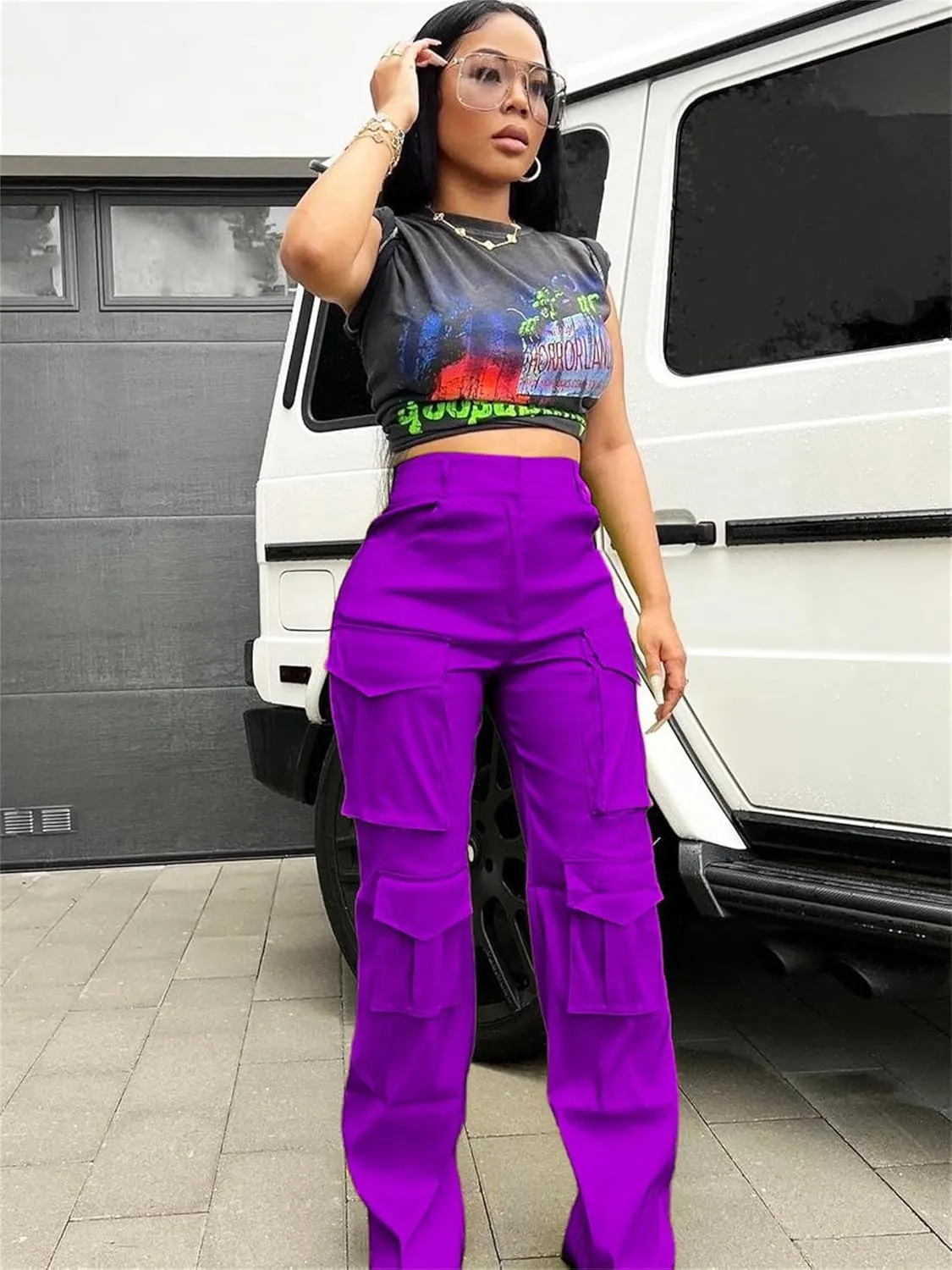 Women's Baggy Cargo Satin Pants Y2K High Waisted Wide Leg Casual Pants Straight Streetwear Trousers with Multi Pockets