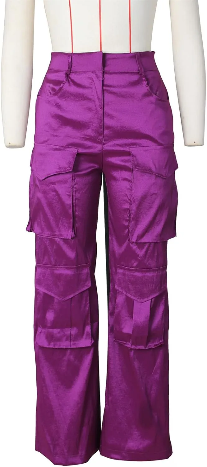Women's Baggy Cargo Satin Pants Y2K High Waisted Wide Leg Casual Pants Straight Streetwear Trousers with Multi Pockets