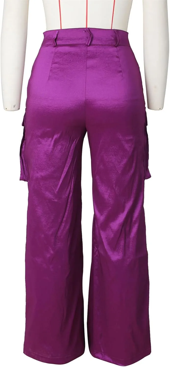 Women's Baggy Cargo Satin Pants Y2K High Waisted Wide Leg Casual Pants Straight Streetwear Trousers with Multi Pockets