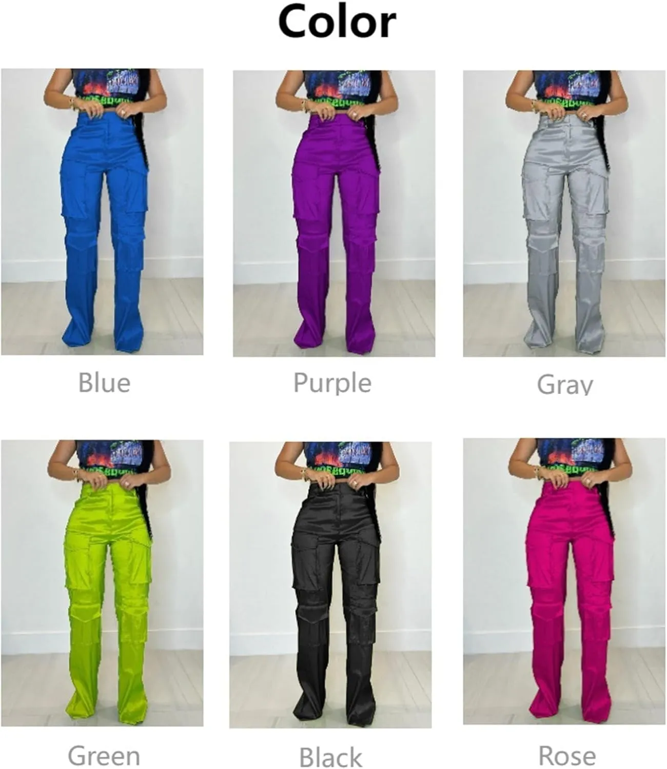 Women's Baggy Cargo Satin Pants Y2K High Waisted Wide Leg Casual Pants Straight Streetwear Trousers with Multi Pockets