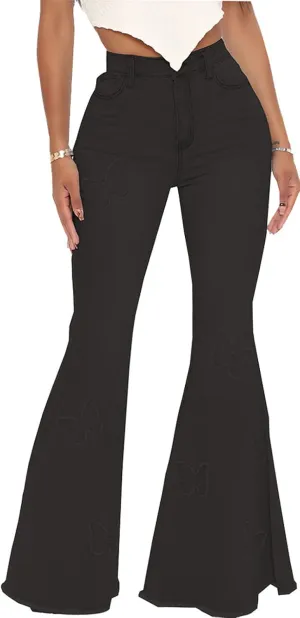 Women's Black Butterfly Bell Bottom Jeans Plus Size High Waisted Classic Flare Jean Stretch Denim Pants