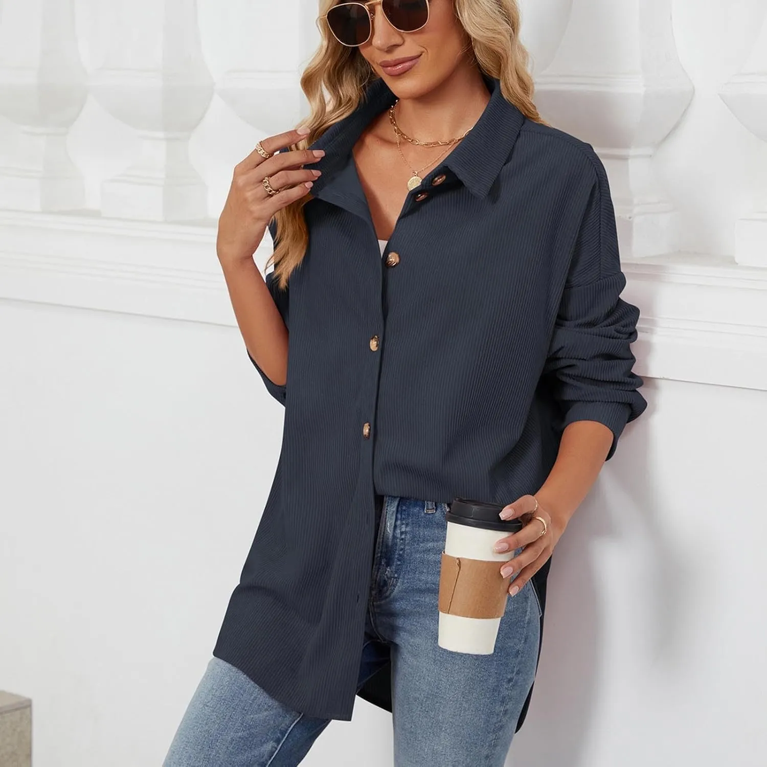 Womens Button Down Shirts Casual Long Sleeve Shacket Jacket Loose Fit Blouses Tops Corduroy Fall Daily Clothes 2024
