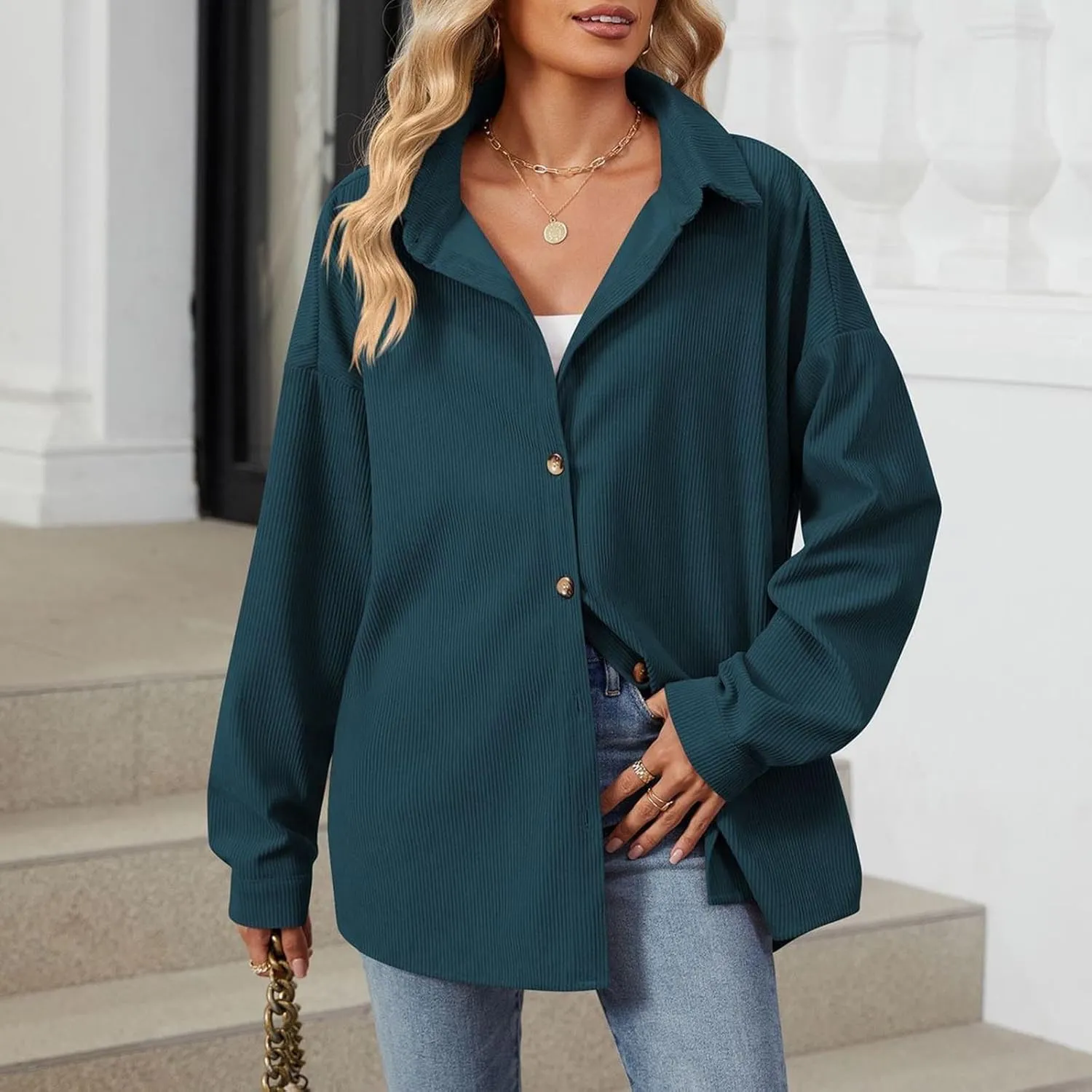 Womens Button Down Shirts Casual Long Sleeve Shacket Jacket Loose Fit Blouses Tops Corduroy Fall Daily Clothes 2024
