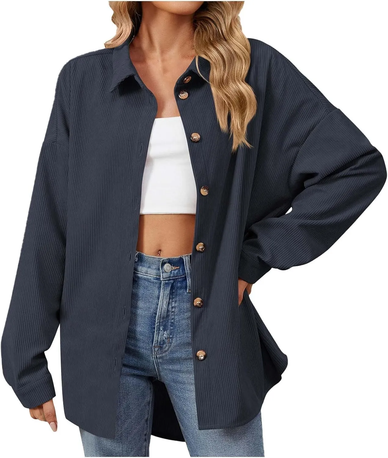Womens Button Down Shirts Casual Long Sleeve Shacket Jacket Loose Fit Blouses Tops Corduroy Fall Daily Clothes 2024