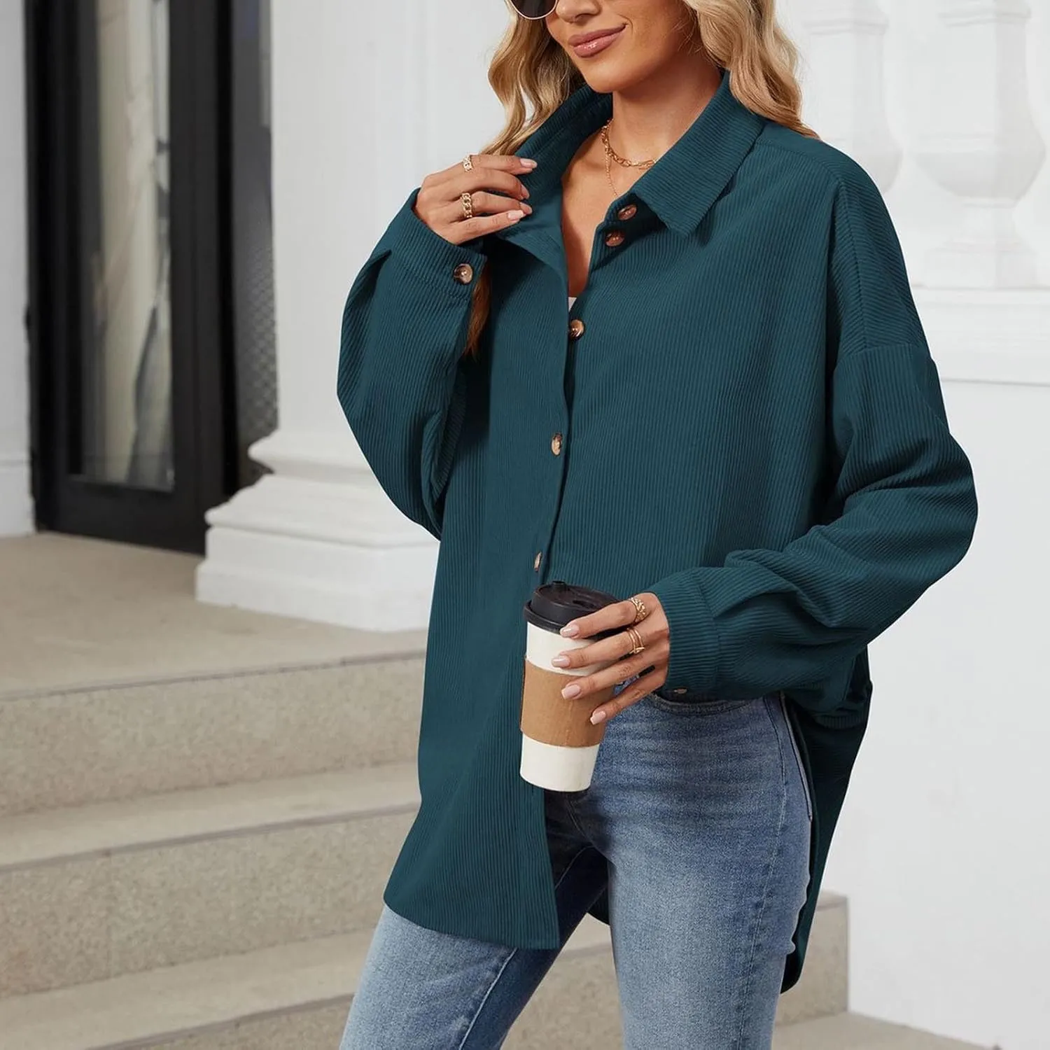 Womens Button Down Shirts Casual Long Sleeve Shacket Jacket Loose Fit Blouses Tops Corduroy Fall Daily Clothes 2024