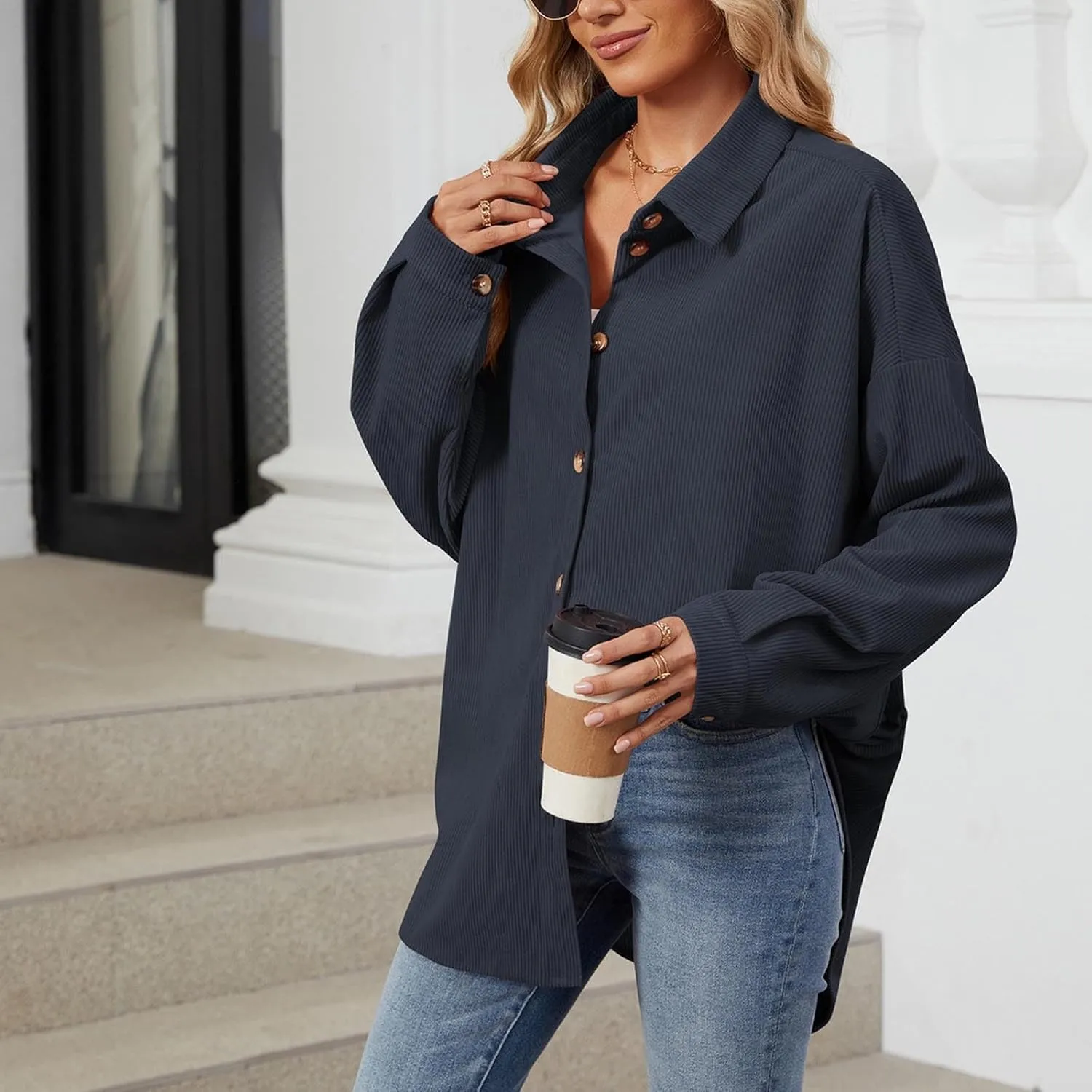 Womens Button Down Shirts Casual Long Sleeve Shacket Jacket Loose Fit Blouses Tops Corduroy Fall Daily Clothes 2024