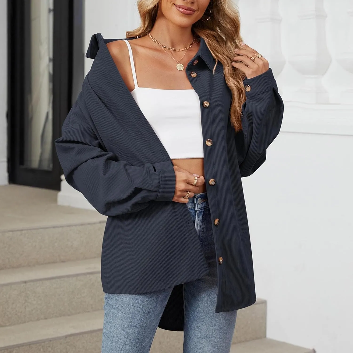 Womens Button Down Shirts Casual Long Sleeve Shacket Jacket Loose Fit Blouses Tops Corduroy Fall Daily Clothes 2024