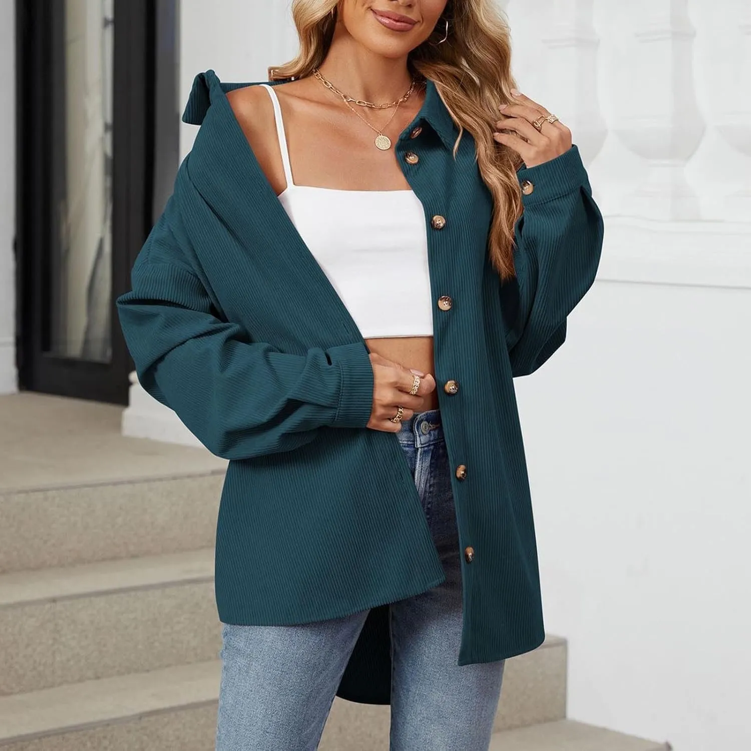 Womens Button Down Shirts Casual Long Sleeve Shacket Jacket Loose Fit Blouses Tops Corduroy Fall Daily Clothes 2024