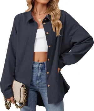 Womens Button Down Shirts Casual Long Sleeve Shacket Jacket Loose Fit Blouses Tops Corduroy Fall Daily Clothes 2024