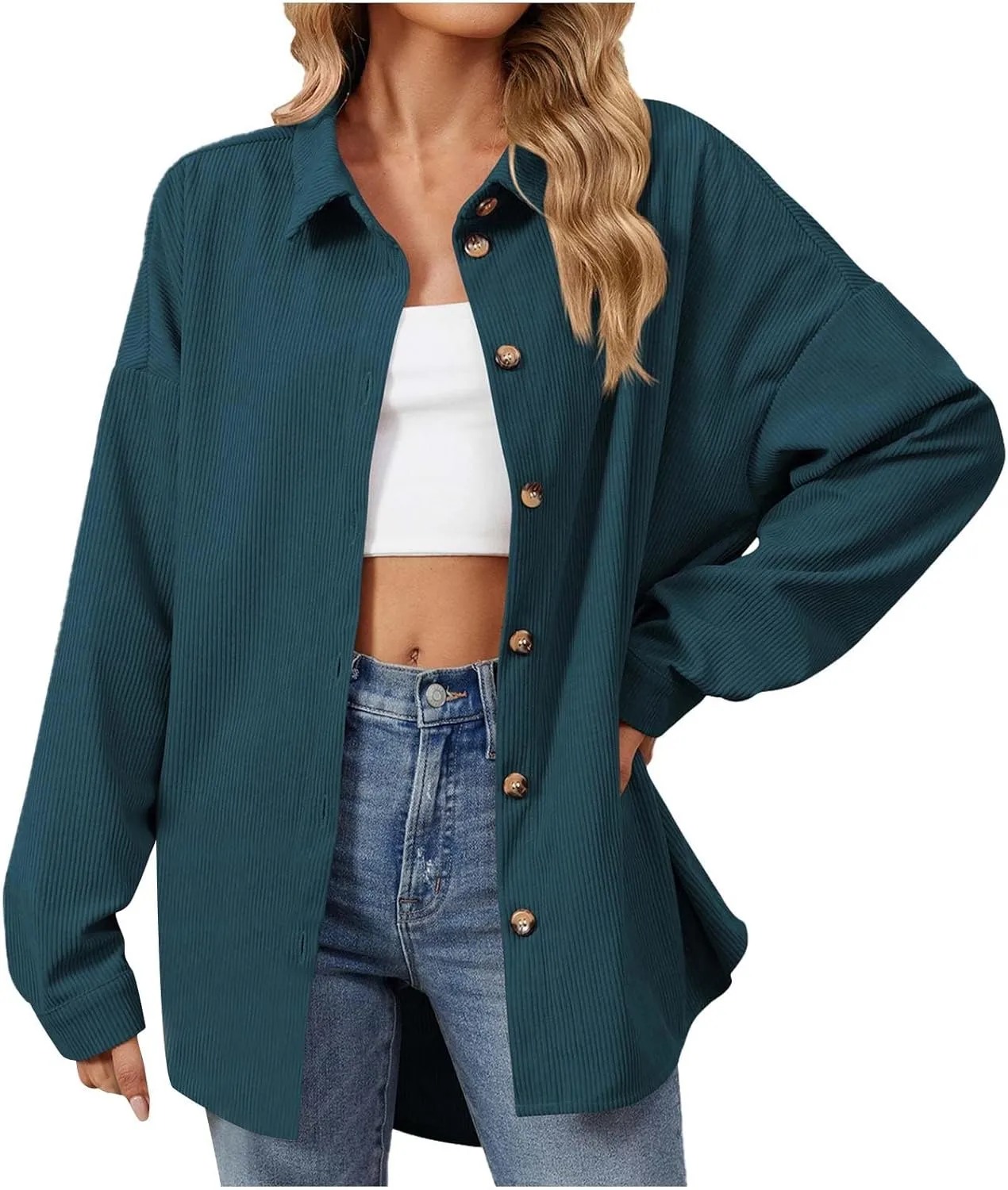 Womens Button Down Shirts Casual Long Sleeve Shacket Jacket Loose Fit Blouses Tops Corduroy Fall Daily Clothes 2024