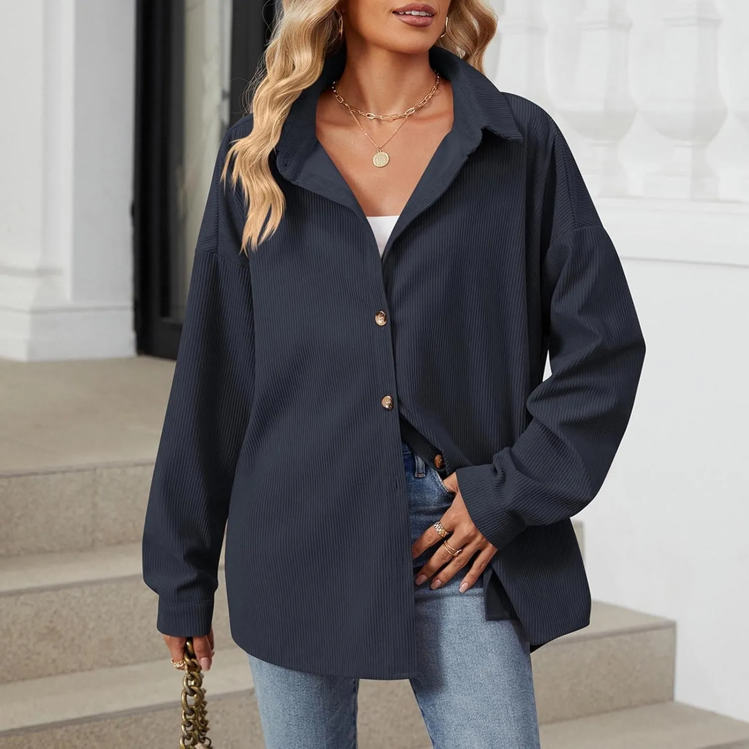 Womens Button Down Shirts Casual Long Sleeve Shacket Jacket Loose Fit Blouses Tops Corduroy Fall Daily Clothes 2024