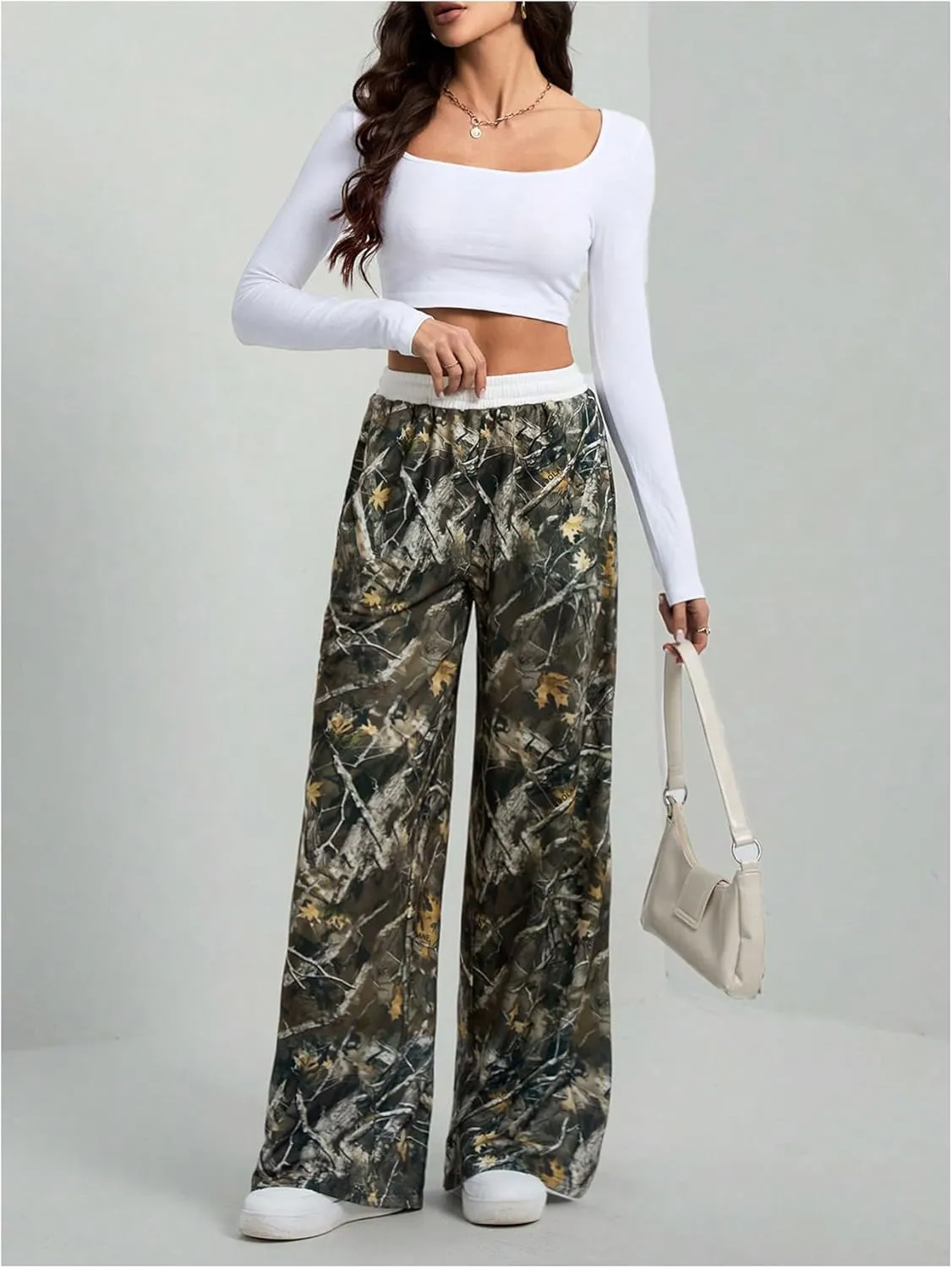 Women's Camo Print Pants Elastic Waist Wide Leg Baggy Long Trousers Streetwear