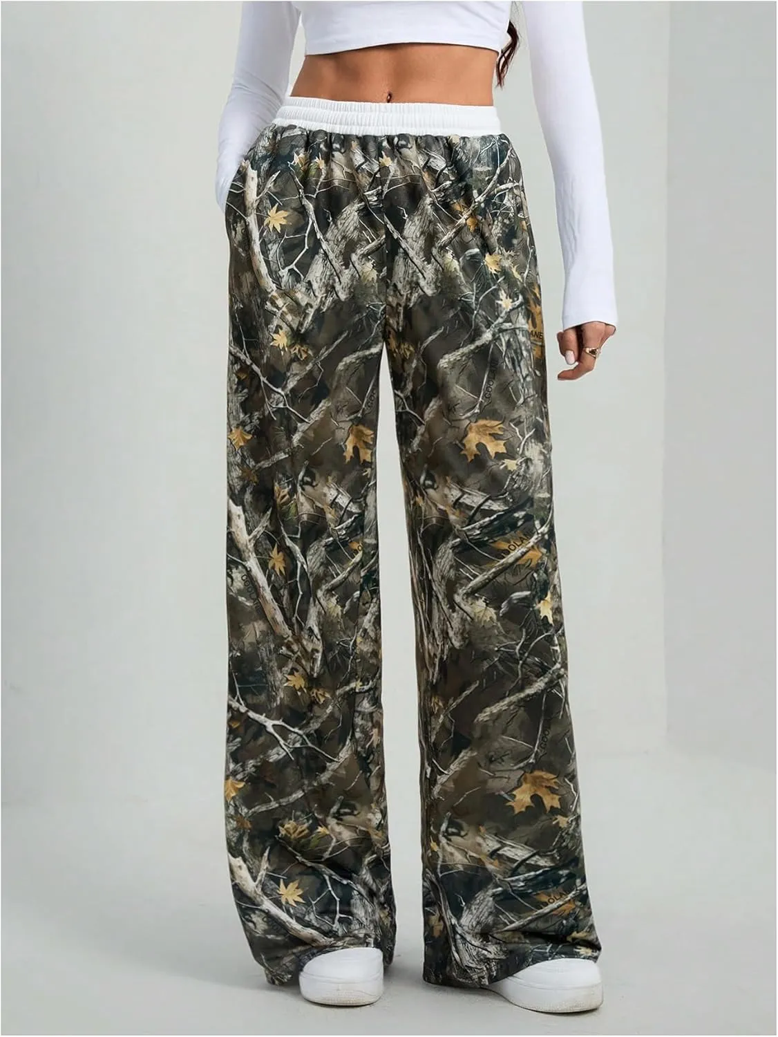 Women's Camo Print Pants Elastic Waist Wide Leg Baggy Long Trousers Streetwear