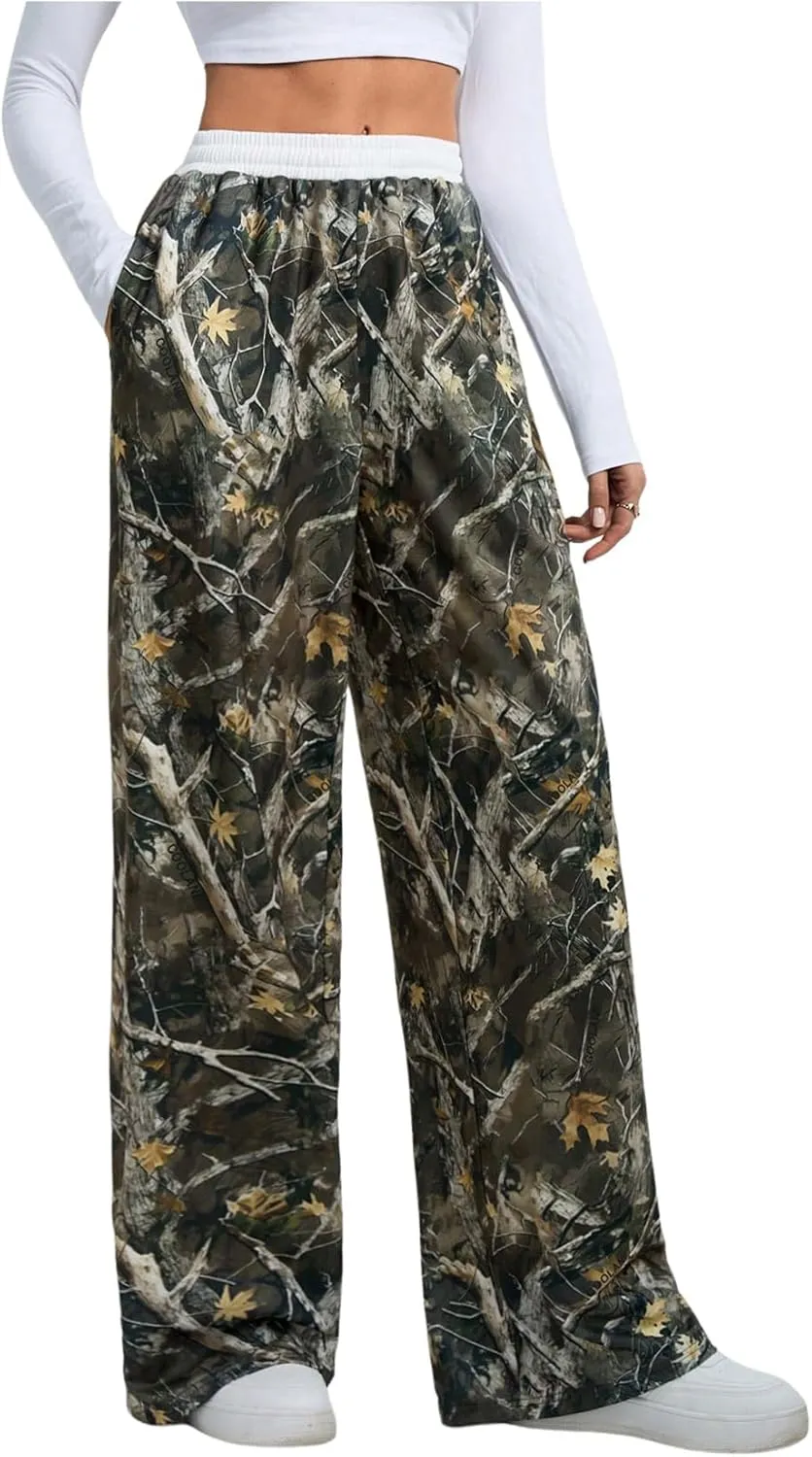 Women's Camo Print Pants Elastic Waist Wide Leg Baggy Long Trousers Streetwear