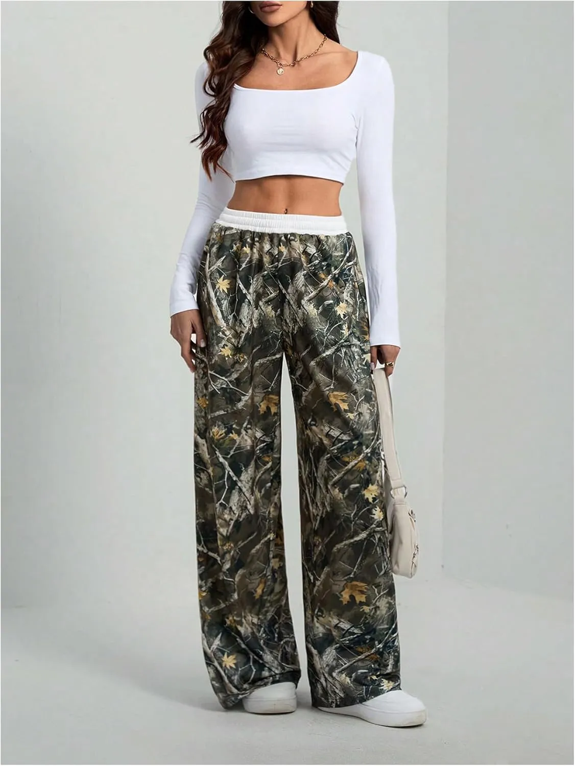 Women's Camo Print Pants Elastic Waist Wide Leg Baggy Long Trousers Streetwear