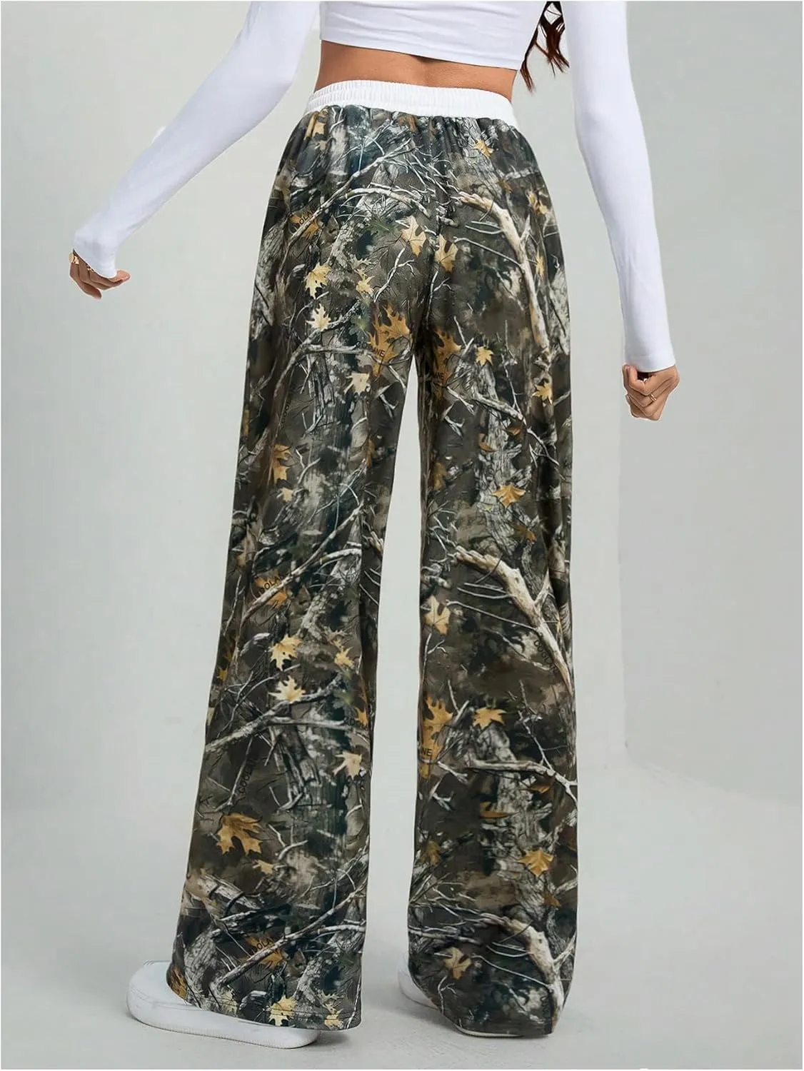 Women's Camo Print Pants Elastic Waist Wide Leg Baggy Long Trousers Streetwear