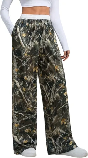 Women's Camo Print Pants Elastic Waist Wide Leg Baggy Long Trousers Streetwear