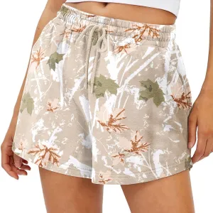 Womens Camo Sweat Shorts Maple Leaf Print Drawstring Elastic High Waist Lounge Camouflage Workout Shorts with Pockets