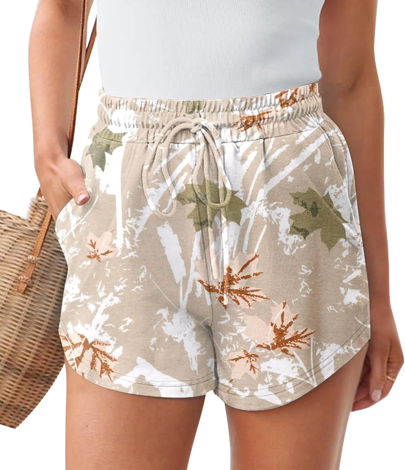 Womens Camo Sweat Shorts Maple Leaf Print Drawstring Elastic High Waist Lounge Camouflage Workout Shorts with Pockets