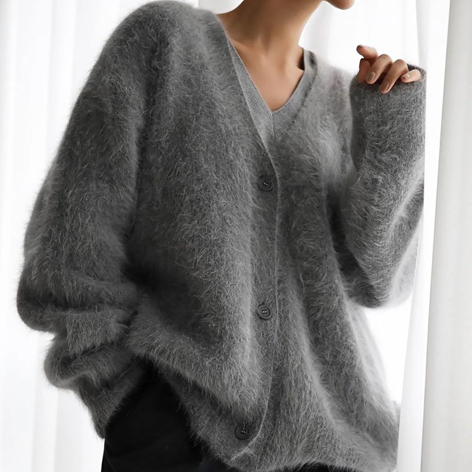 Womens Cardigan Sweaters Dressy Casual V-Neck Button Loose Chunky Knit Cardigan Fall Clothes for Women 2024