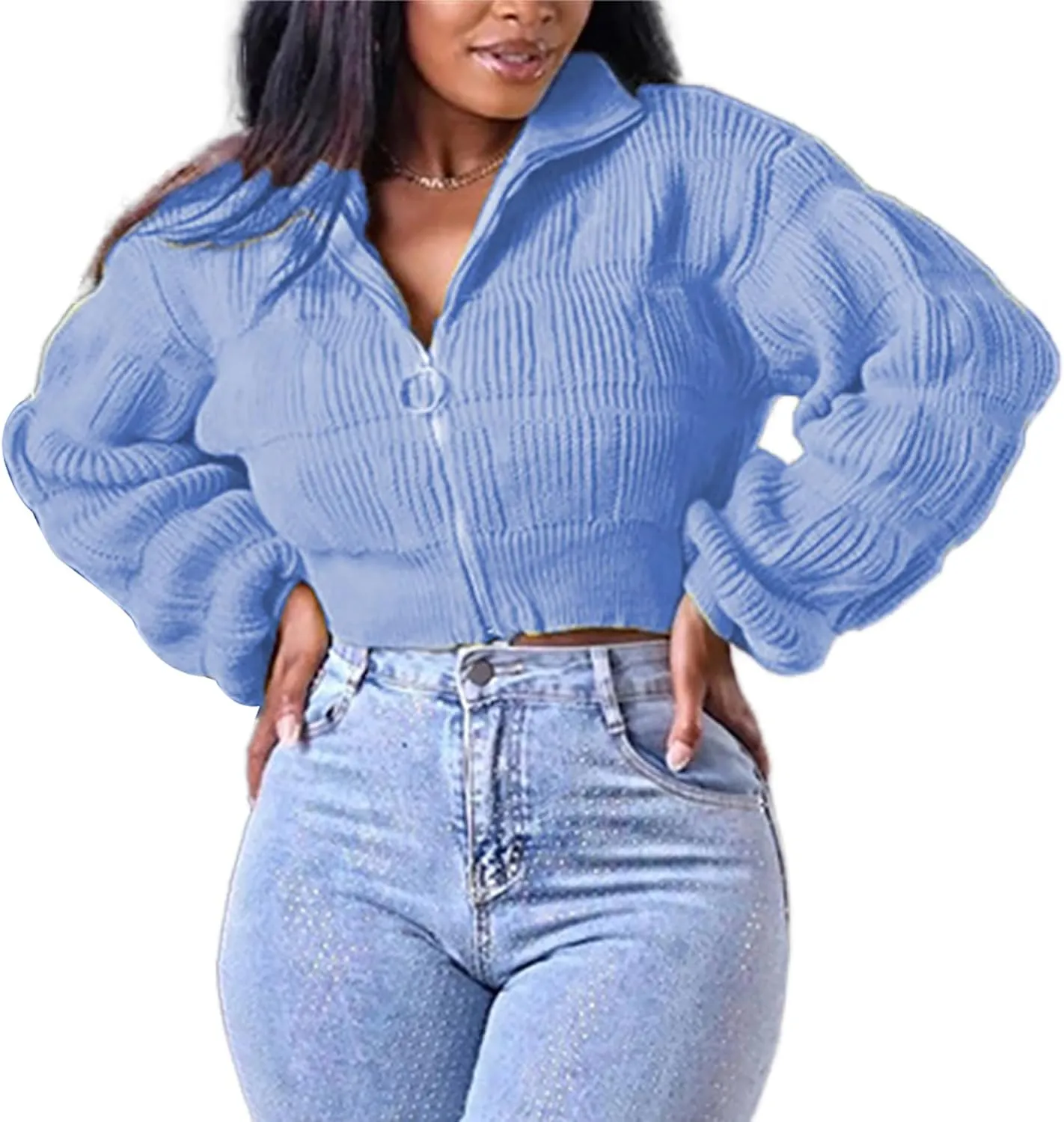 Womens Cardigan Sweaters Zip Up Long Lantern Sleeve Cable Knit Outwear Cropped Sweater Jacket