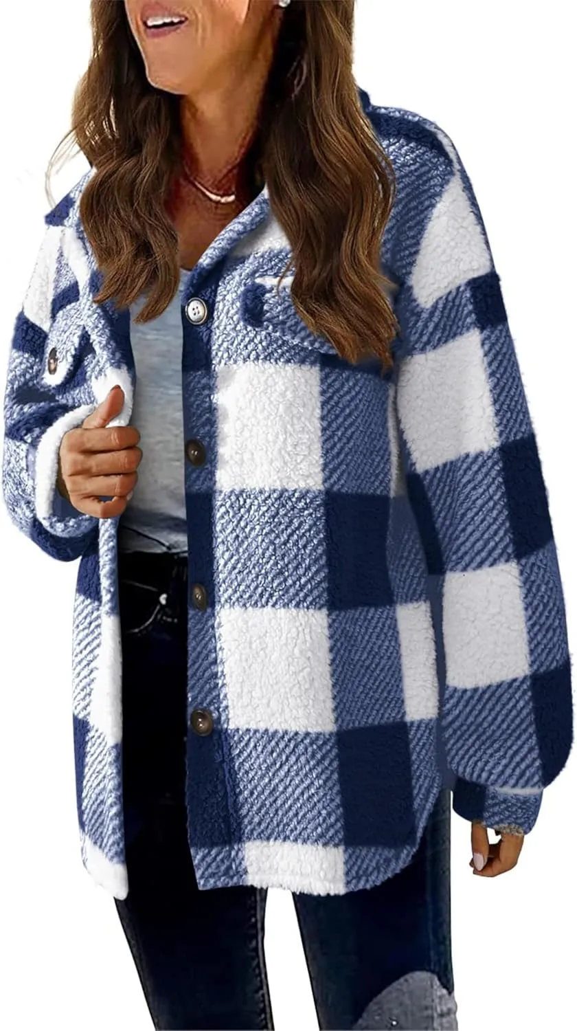 Womens Casual Fuzzy Fleece Jacket Wool Blend Plaid Flannel Button Down Shirts Shackets Jacket Coats Outfits Tops