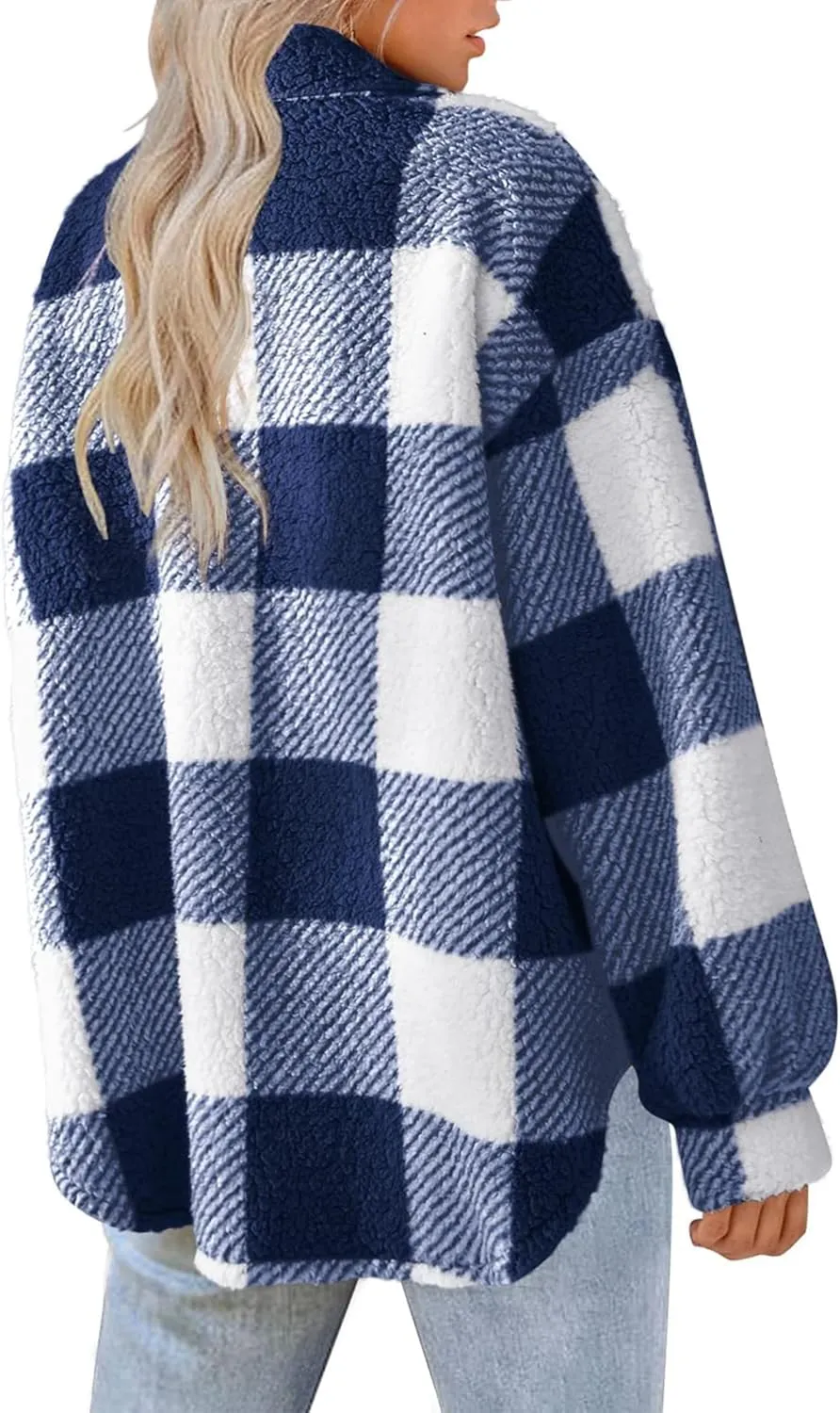 Womens Casual Fuzzy Fleece Jacket Wool Blend Plaid Flannel Button Down Shirts Shackets Jacket Coats Outfits Tops