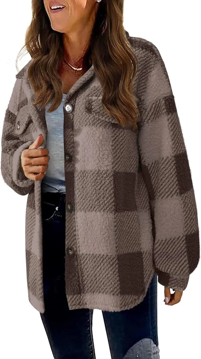 Womens Casual Fuzzy Fleece Jacket Wool Blend Plaid Flannel Button Down Shirts Shackets Jacket Coats Outfits Tops