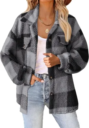 Womens Casual Fuzzy Fleece Jacket Wool Blend Plaid Flannel Button Down Shirts Shackets Jacket Coats Outfits Tops