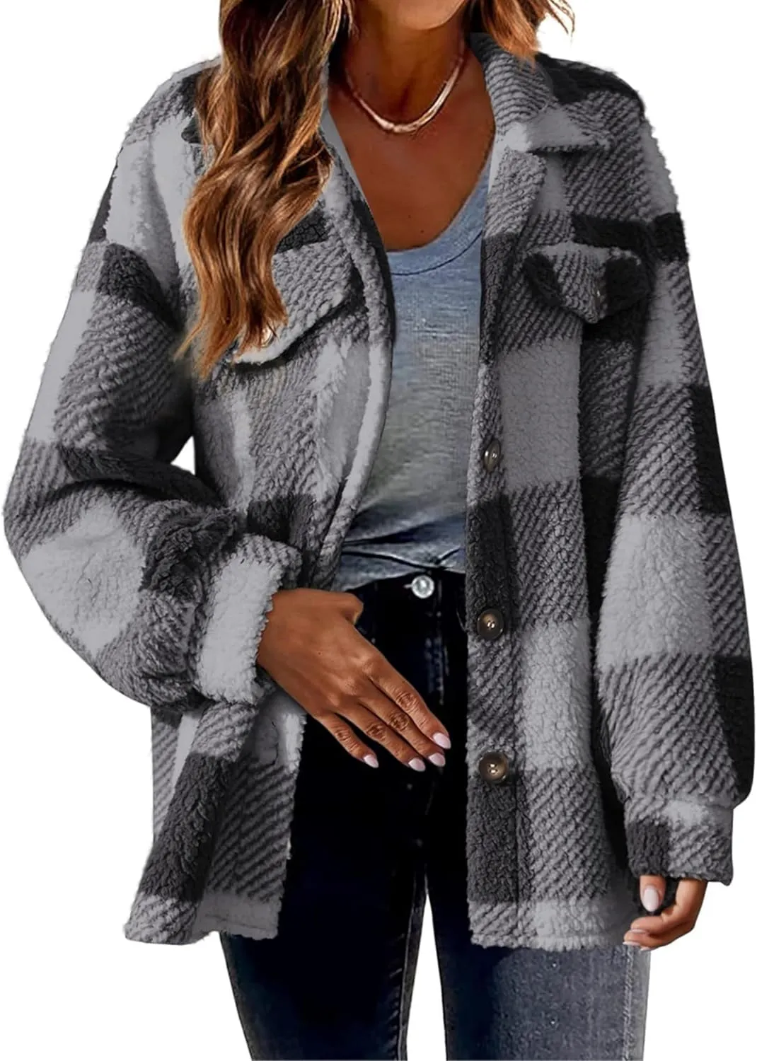 Womens Casual Fuzzy Fleece Jacket Wool Blend Plaid Flannel Button Down Shirts Shackets Jacket Coats Outfits Tops