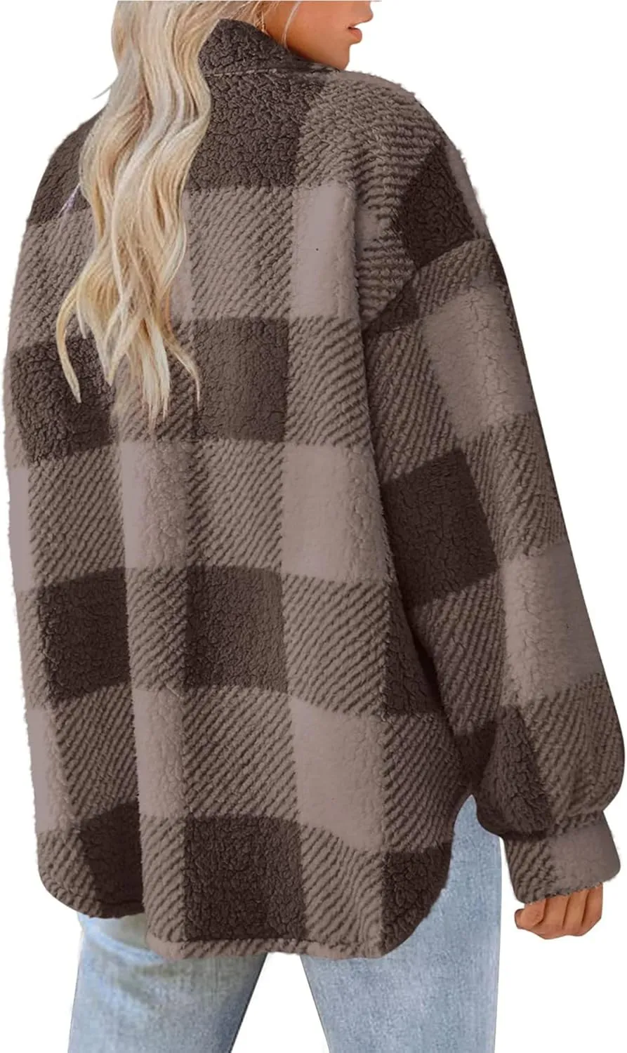 Womens Casual Fuzzy Fleece Jacket Wool Blend Plaid Flannel Button Down Shirts Shackets Jacket Coats Outfits Tops