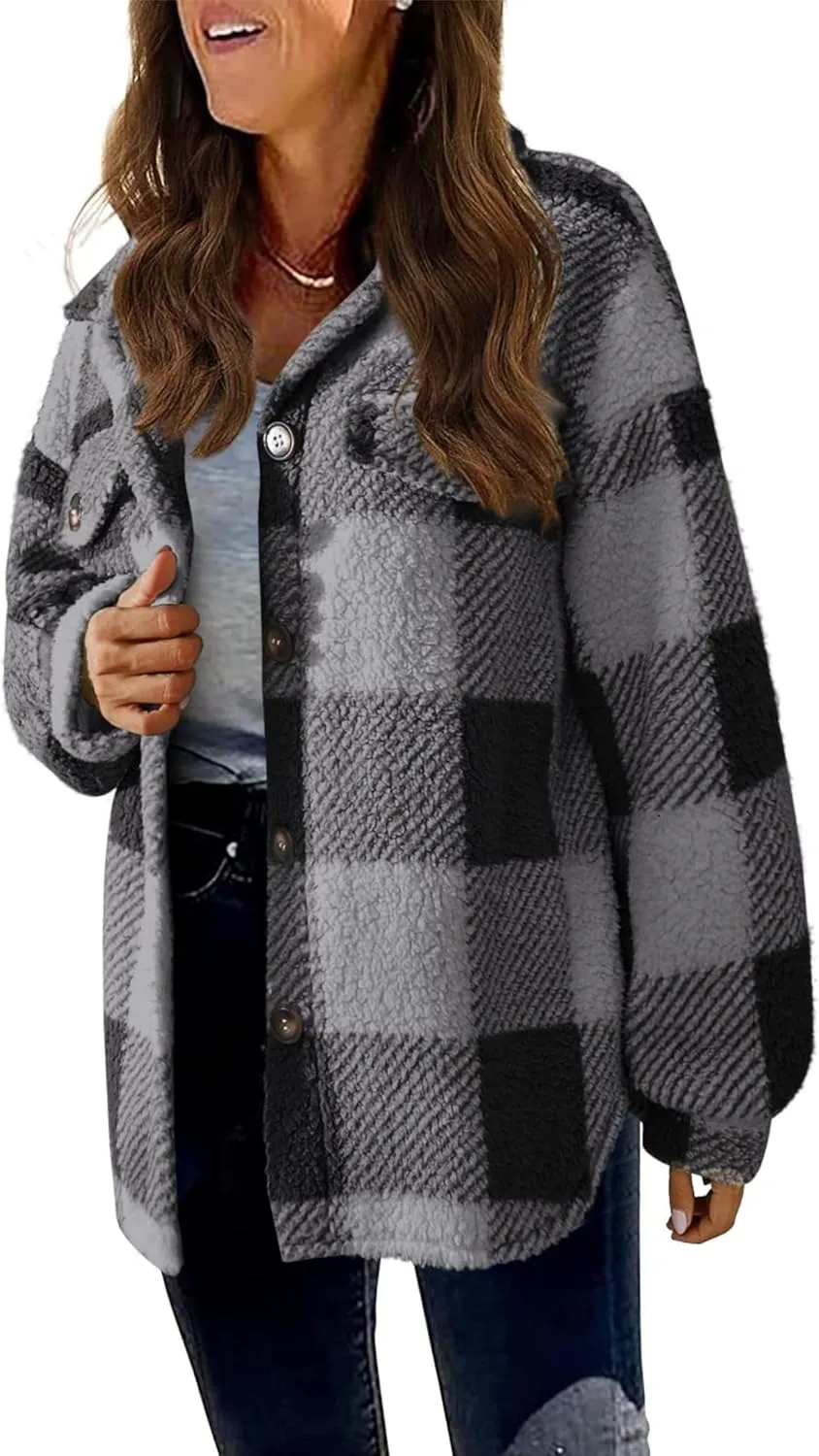 Womens Casual Fuzzy Fleece Jacket Wool Blend Plaid Flannel Button Down Shirts Shackets Jacket Coats Outfits Tops