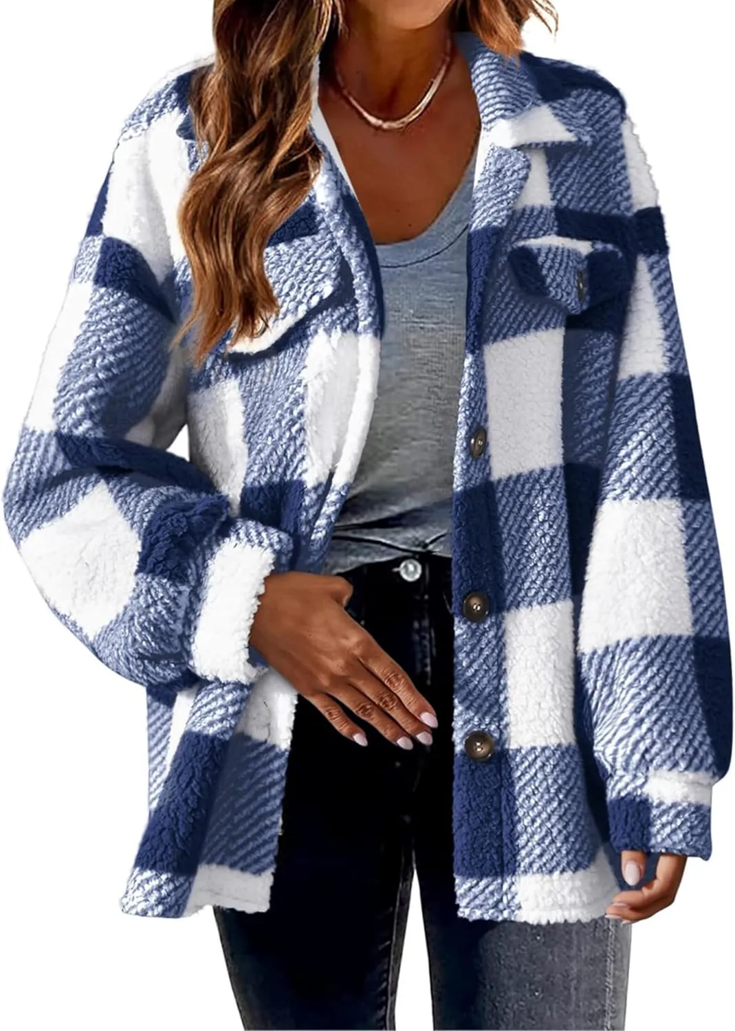 Womens Casual Fuzzy Fleece Jacket Wool Blend Plaid Flannel Button Down Shirts Shackets Jacket Coats Outfits Tops