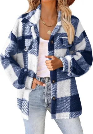 Womens Casual Fuzzy Fleece Jacket Wool Blend Plaid Flannel Button Down Shirts Shackets Jacket Coats Outfits Tops