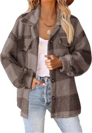 Womens Casual Fuzzy Fleece Jacket Wool Blend Plaid Flannel Button Down Shirts Shackets Jacket Coats Outfits Tops