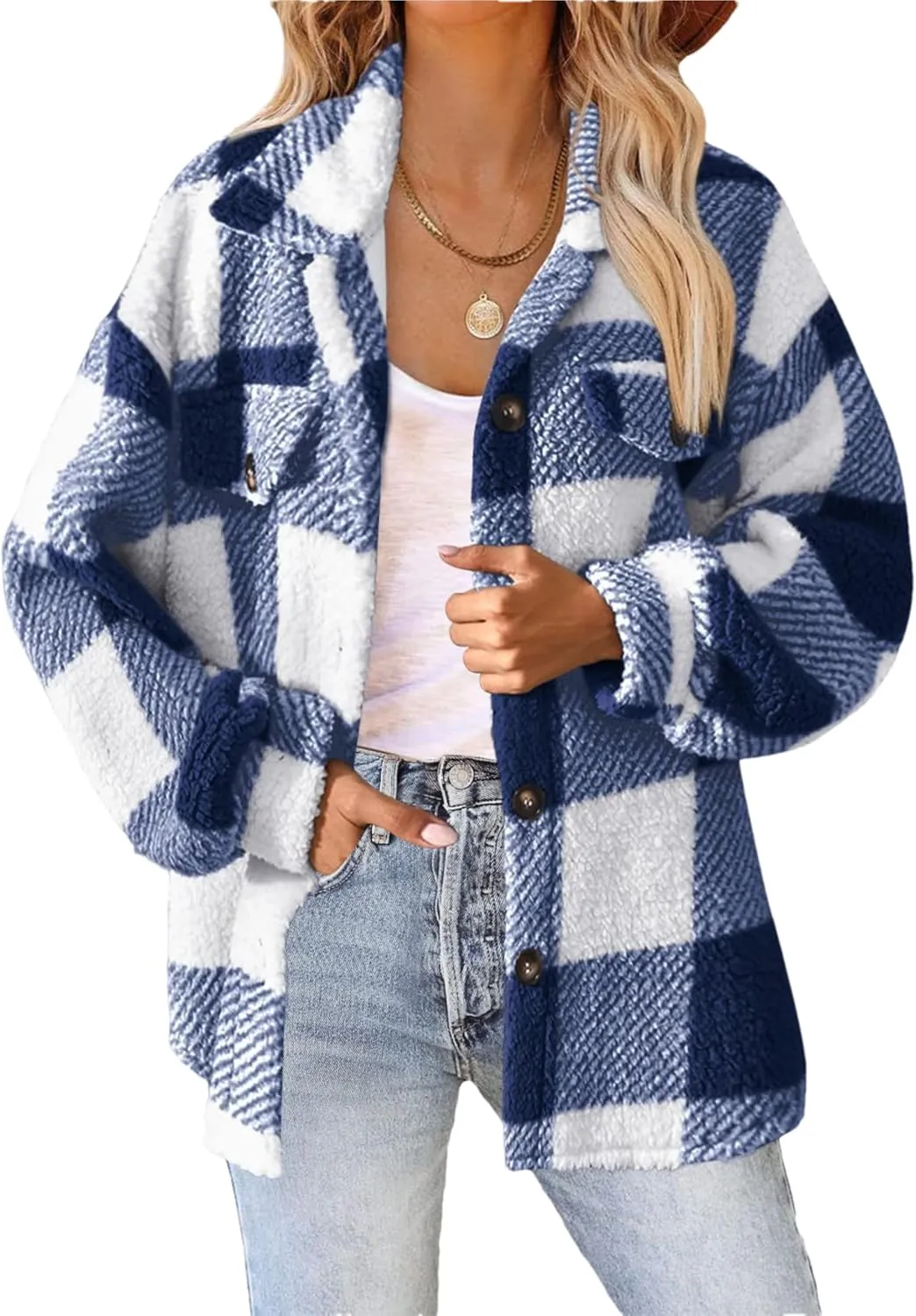 Womens Casual Fuzzy Fleece Jacket Wool Blend Plaid Flannel Button Down Shirts Shackets Jacket Coats Outfits Tops
