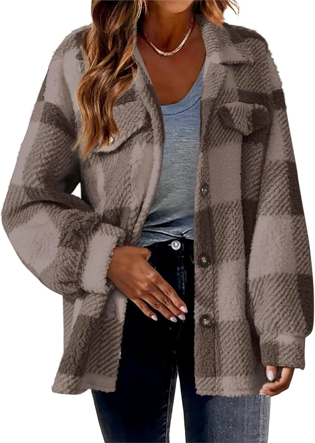 Womens Casual Fuzzy Fleece Jacket Wool Blend Plaid Flannel Button Down Shirts Shackets Jacket Coats Outfits Tops