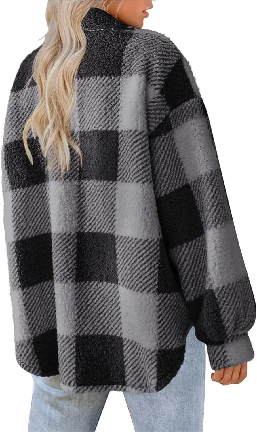 Womens Casual Fuzzy Fleece Jacket Wool Blend Plaid Flannel Button Down Shirts Shackets Jacket Coats Outfits Tops