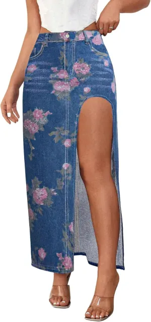 Women's Casual High Waist Split Thigh Jean Skirt A Line Long Maxi Slim Denim Skirt