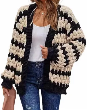Womens Chunky Cardigan Sweaters Oversized Striped Colorblock Long Sleeve Open Front Cable Knit Fall Cardigan