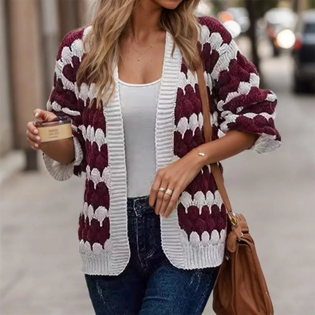 Womens Chunky Cardigan Sweaters Oversized Striped Colorblock Long Sleeve Open Front Cable Knit Fall Cardigan