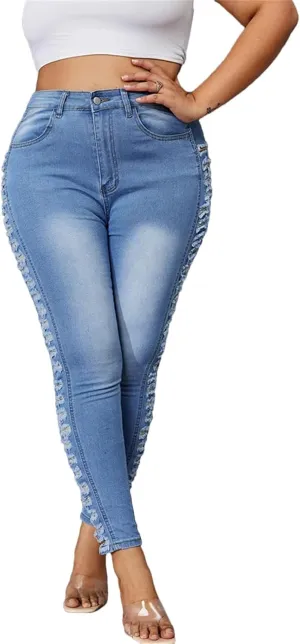 Womens Classic Mid Waist Plus Size Denim Trousers Casual Comfort Skinny Pencil Pants Trendy Holes Jeans
