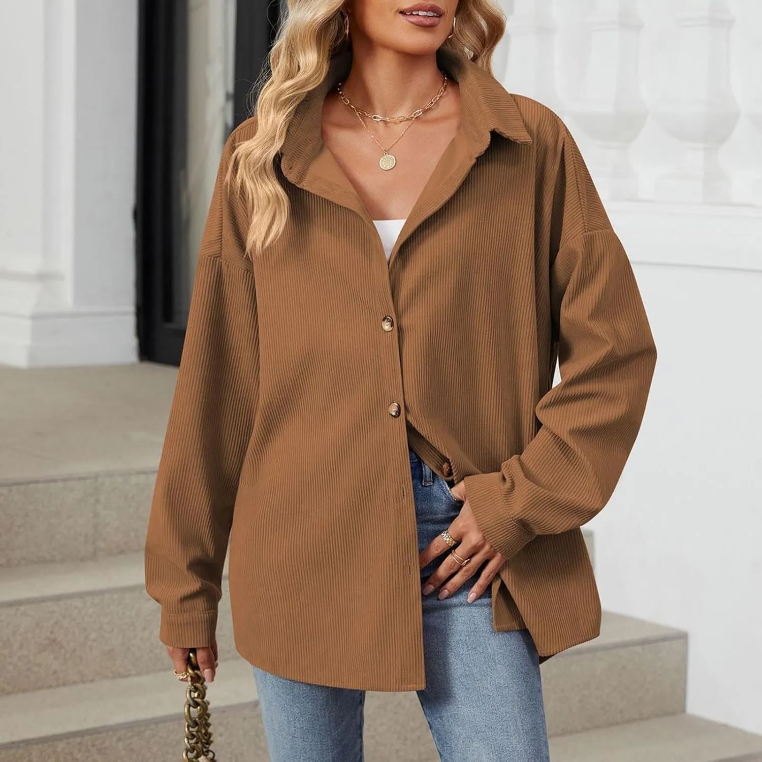 Women's Corduroy Shirt Long Sleeve Button Down Shacket Jacket Casual Oversized Top Trendy Versatile Fall Coats 2024