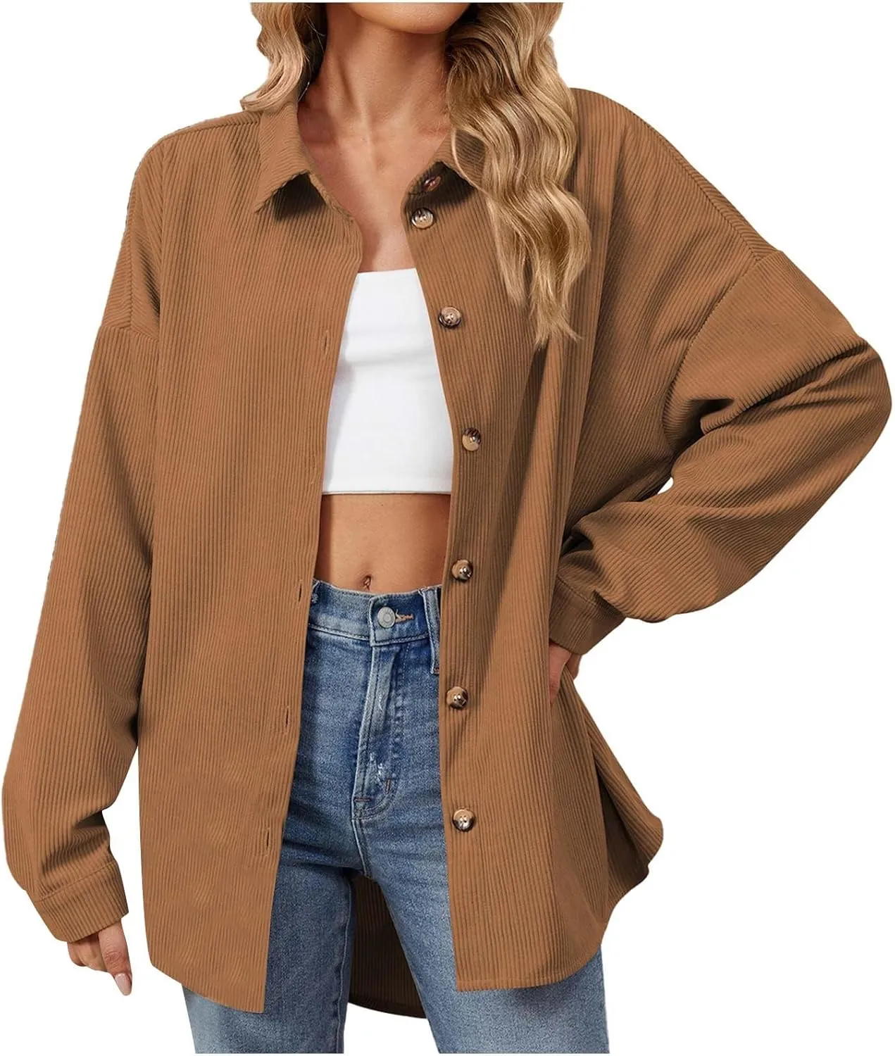 Women's Corduroy Shirt Long Sleeve Button Down Shacket Jacket Casual Oversized Top Trendy Versatile Fall Coats 2024