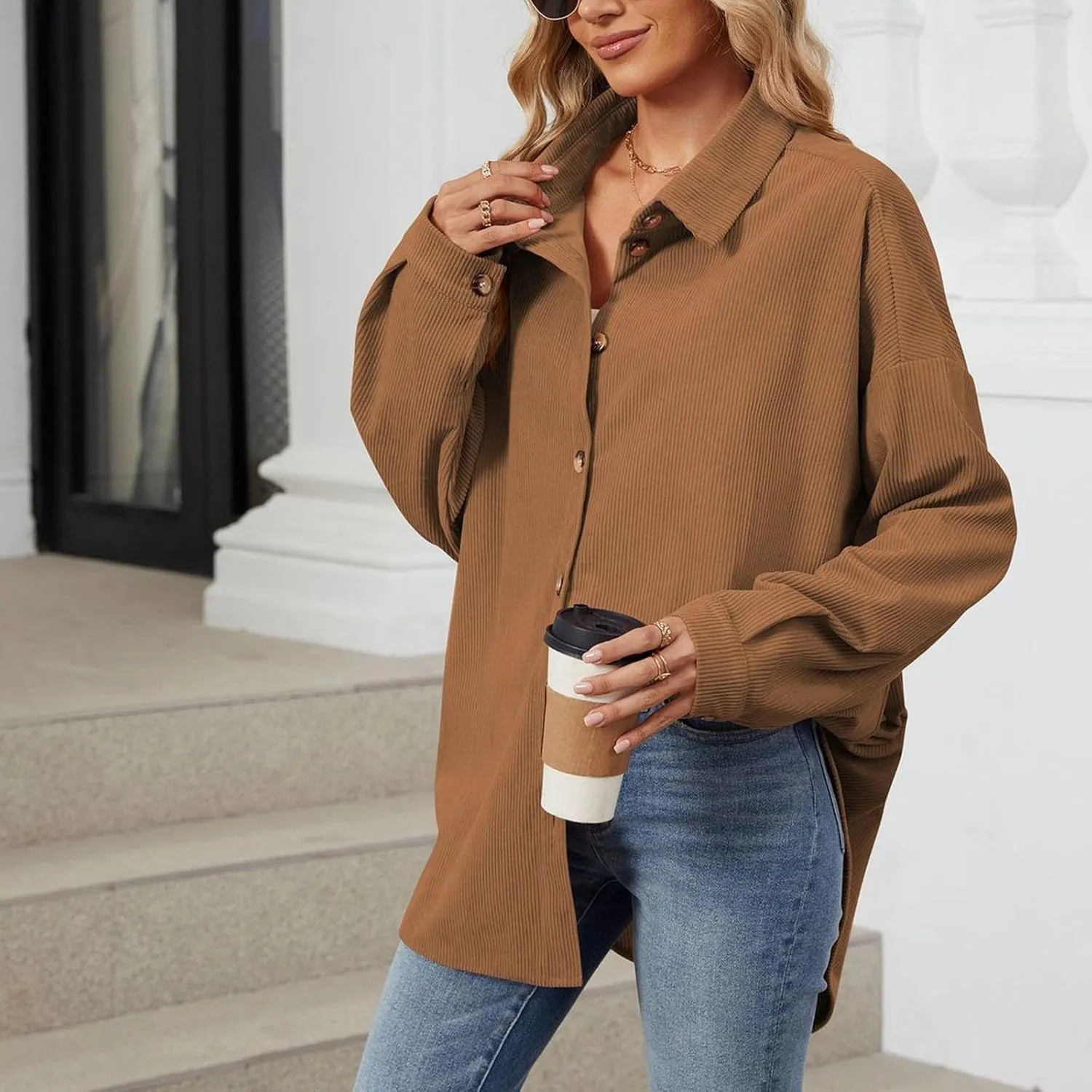 Women's Corduroy Shirt Long Sleeve Button Down Shacket Jacket Casual Oversized Top Trendy Versatile Fall Coats 2024