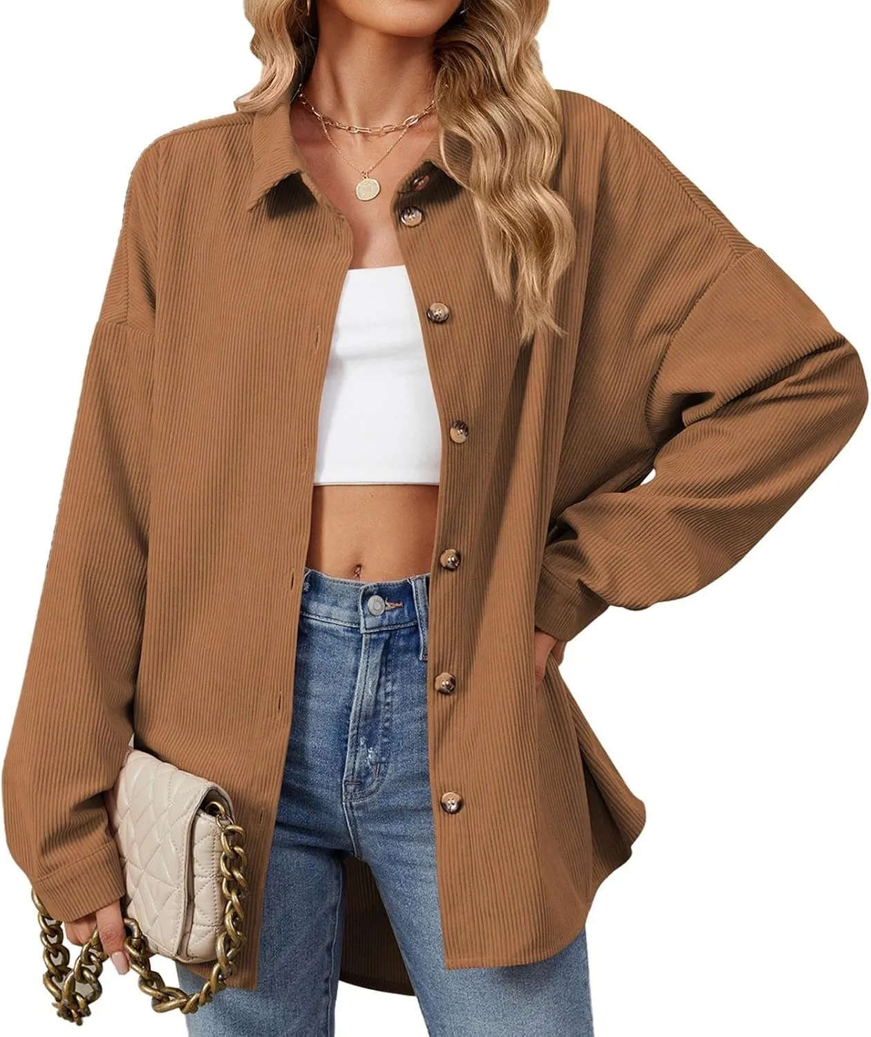 Women's Corduroy Shirt Long Sleeve Button Down Shacket Jacket Casual Oversized Top Trendy Versatile Fall Coats 2024