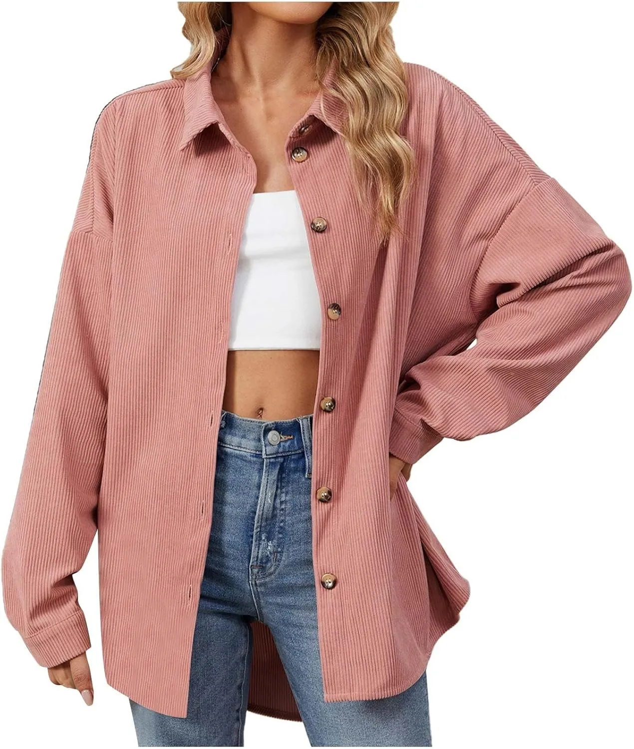 Women's Corduroy Shirt Long Sleeve Button Down Shacket Jacket Casual Oversized Top Trendy Versatile Fall Coats 2024